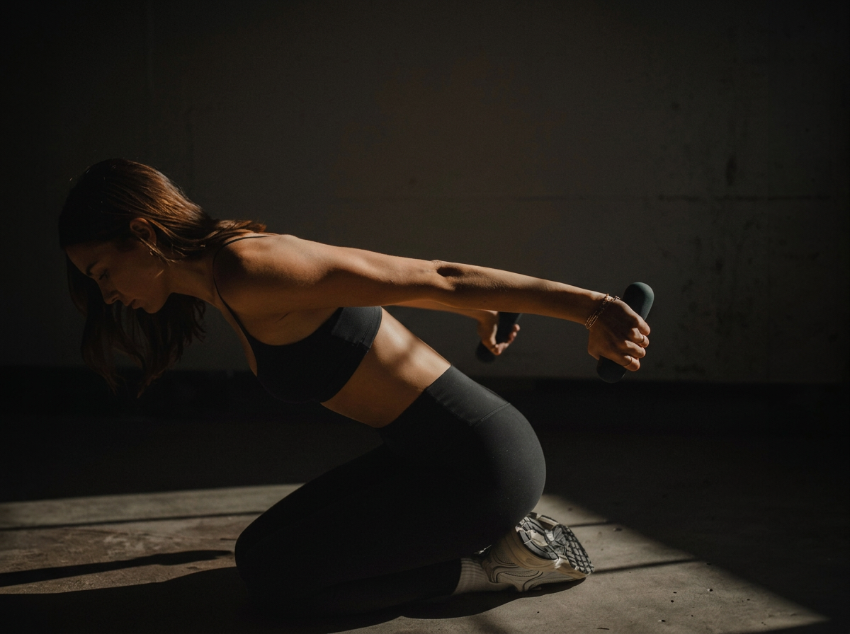 Member kneeling with dumbbells in the infrared studio