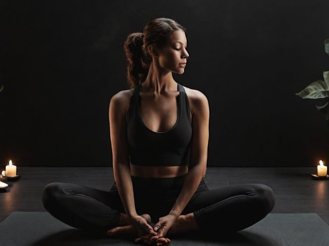 Member seated cross-legged on a mat by candlelight in the dim studio